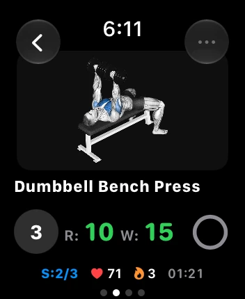 Gymwise on Apple Watch logging a set of dumbbell bench press