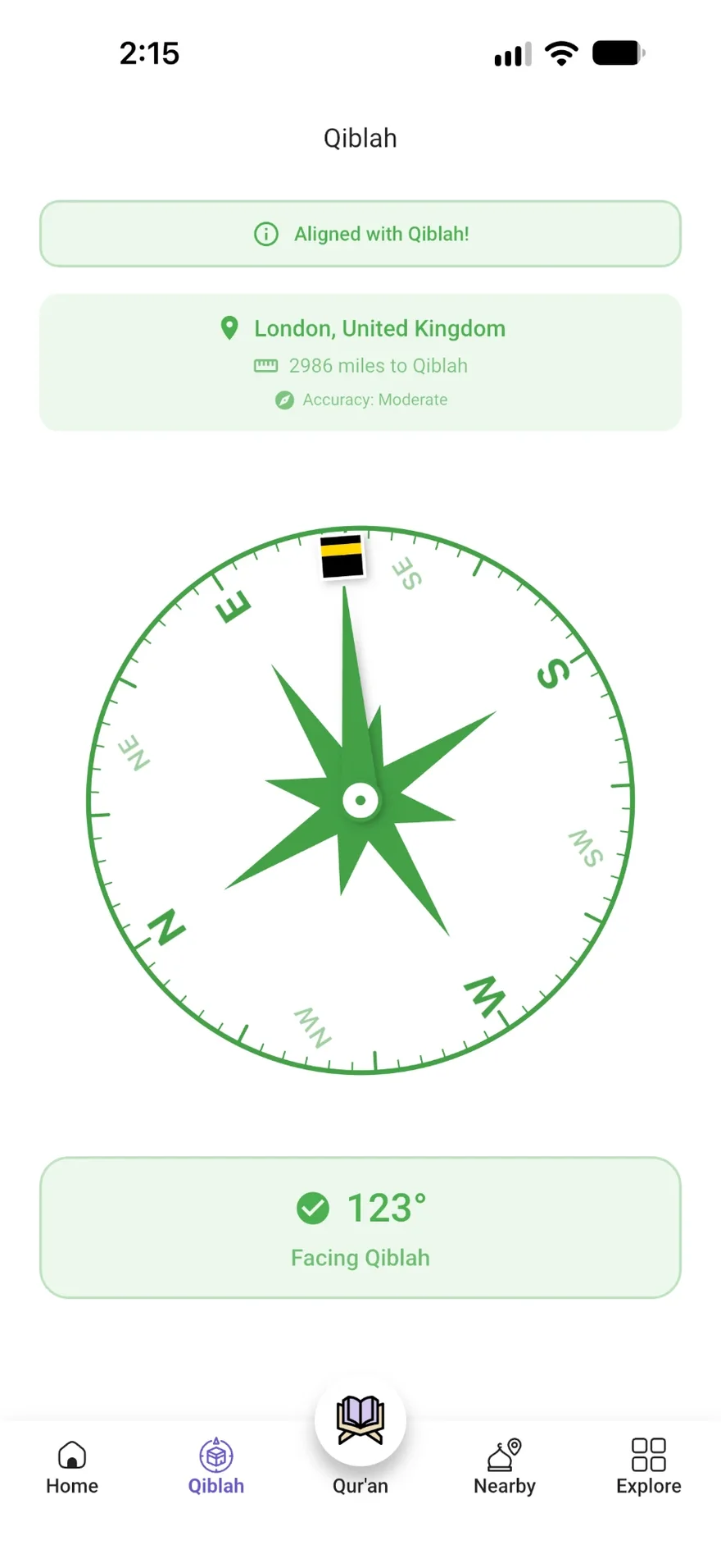 Hadi Qiblah compass aligned with the Qiblah