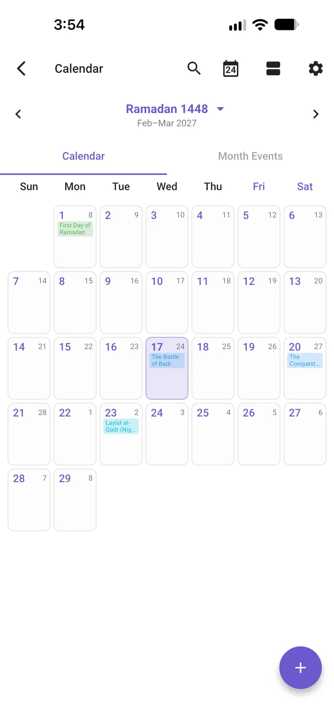 Islamic calendar showing Ramadan 1448 with events marked