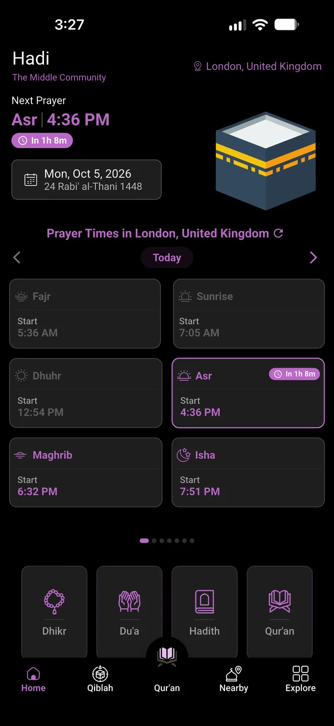 Home screen in dark mode with the Purple accent