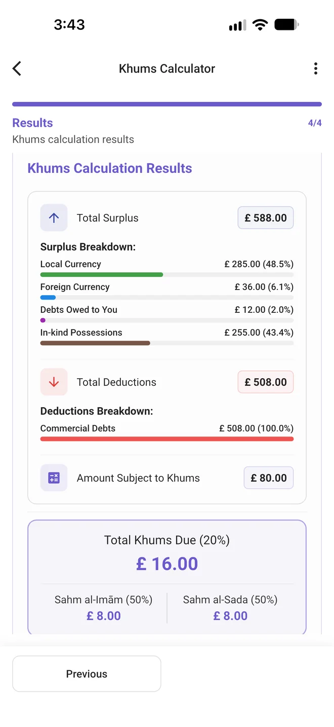 Khums calculator results, split into Sahm al-Imam and Sahm al-Sada