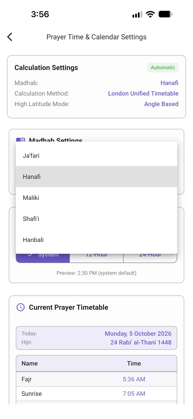Prayer time settings with the madhab menu open, listing Ja&rsquo;fari, Hanafi, Maliki, Shafi&rsquo;i and Hanbali
