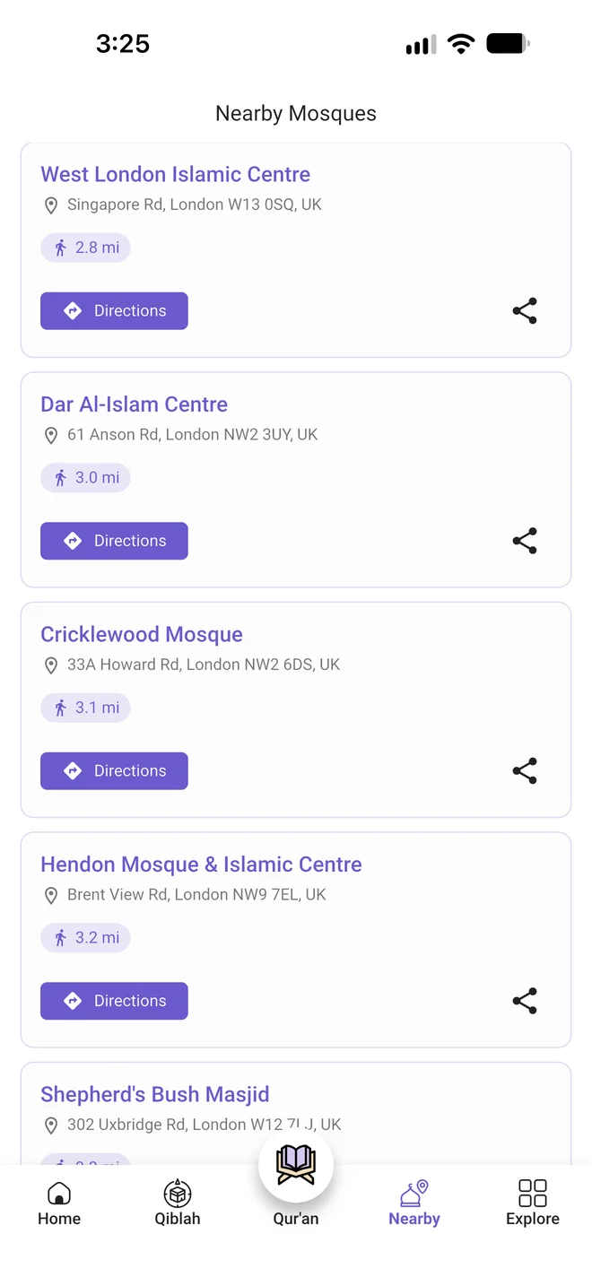 List of nearby mosques with distances and directions