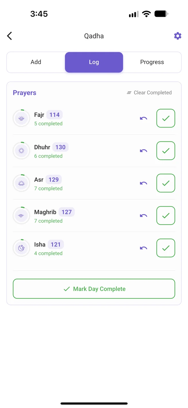 Qadha tracker log with missed prayers to tick off