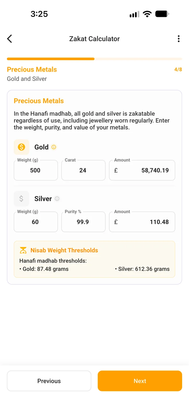 Zakat calculator explaining how gold and silver are treated in the Hanafi madhab